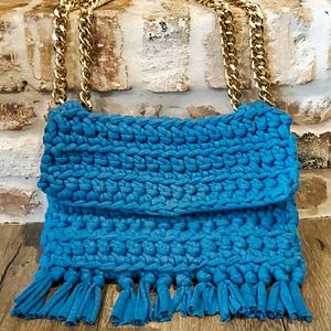 Blue Crochet Handmade Gold Chain Shoulder Bag